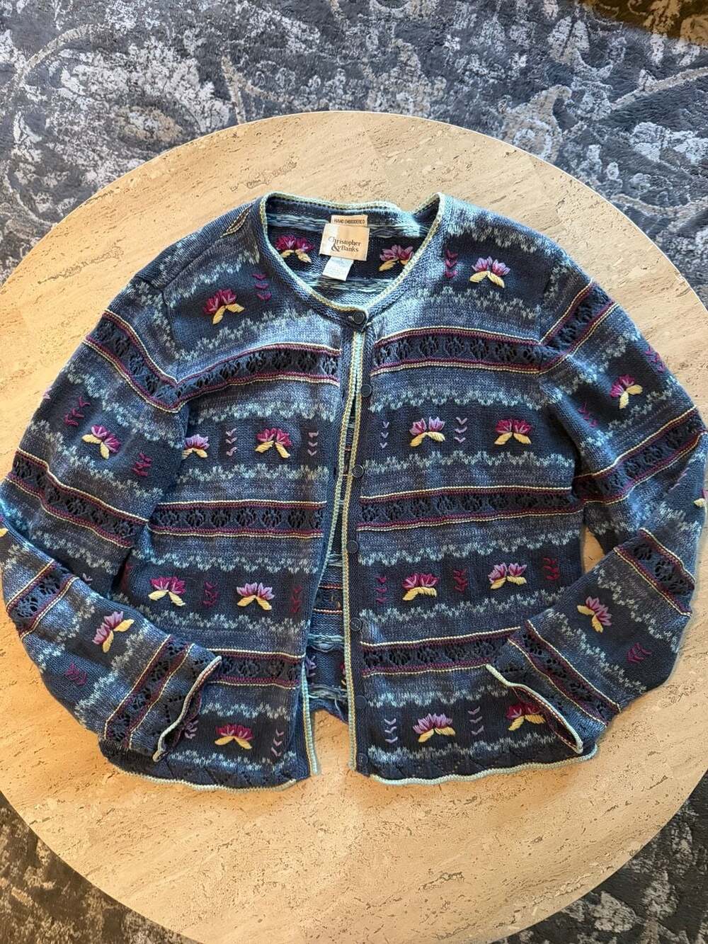 Christopher & Banks Vintage Hand Embroidered Floral Knit Cardigan Sweater